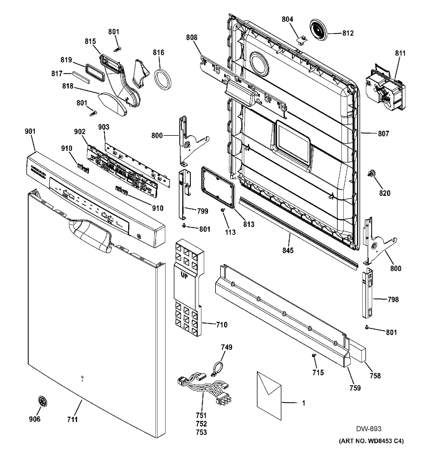 ESCUTCHEON & DOOR ASM Diagram and Parts List for GDF520PSF0SS  General Electric Dishwasher
