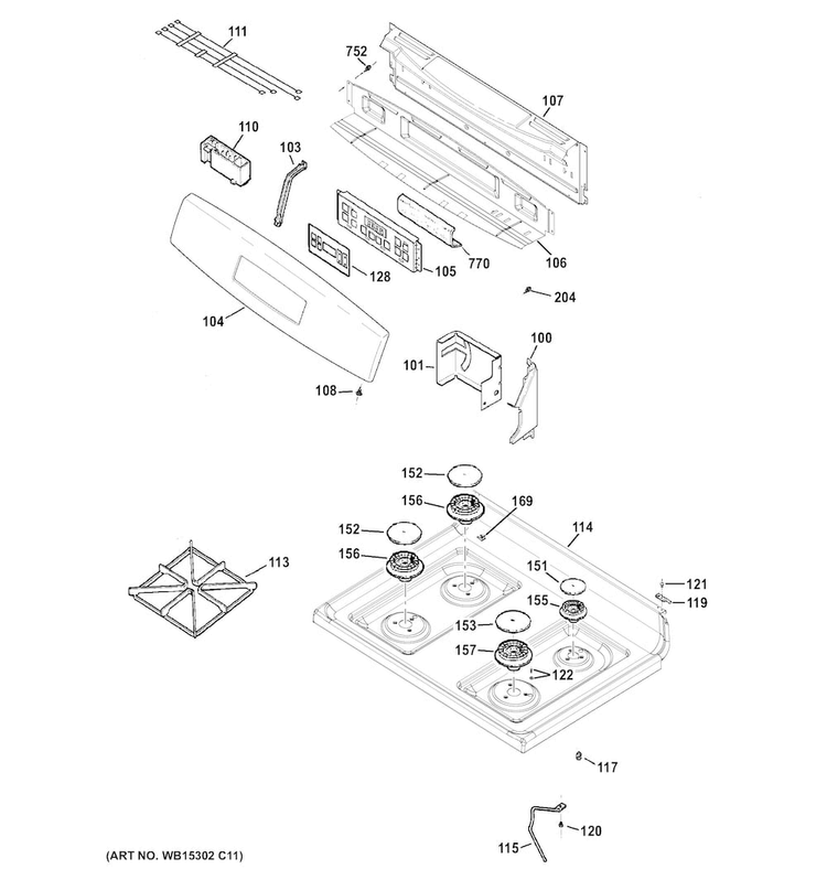 Control Panel & Cooktop Diagram and Parts List for JGB635DEK1BB  General Electric Range