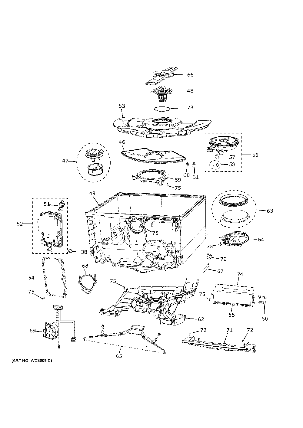 Tub And Motor Diagram and Parts List for CDD420P2T0S1  General Electric Dishwasher