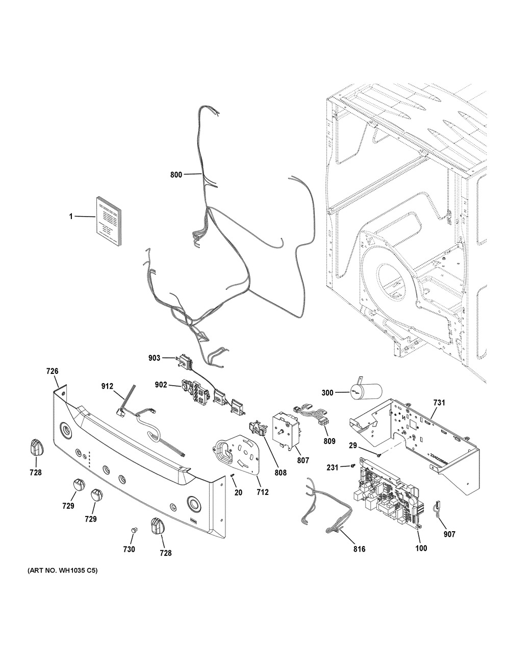 Controls & Backsplash Diagram and Parts List for GUV27ESSM1WW  General Electric Washer Dryer Combo