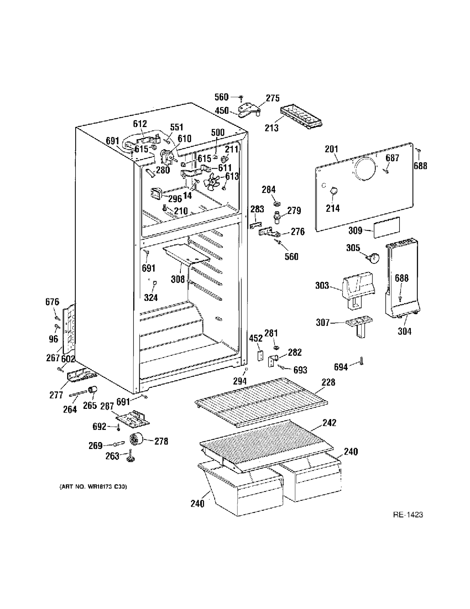 CABINET Diagram and Parts List for MTS18BBMFRWW  General Electric Refrigerator