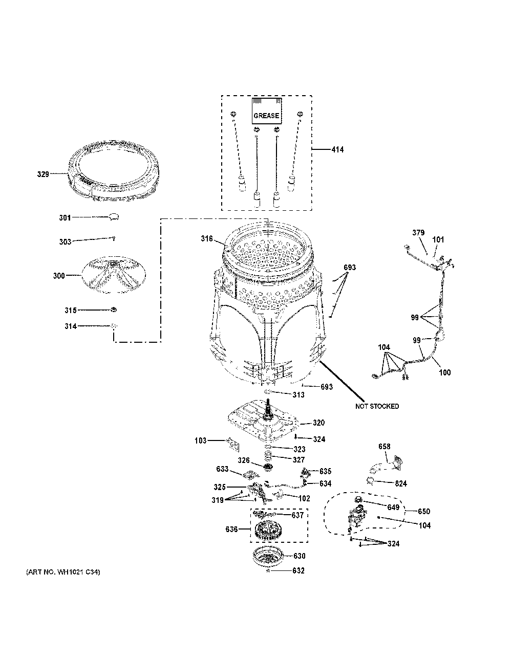Tub And Motor Diagram and Parts List for PTW700BST0WS  General Electric Washer