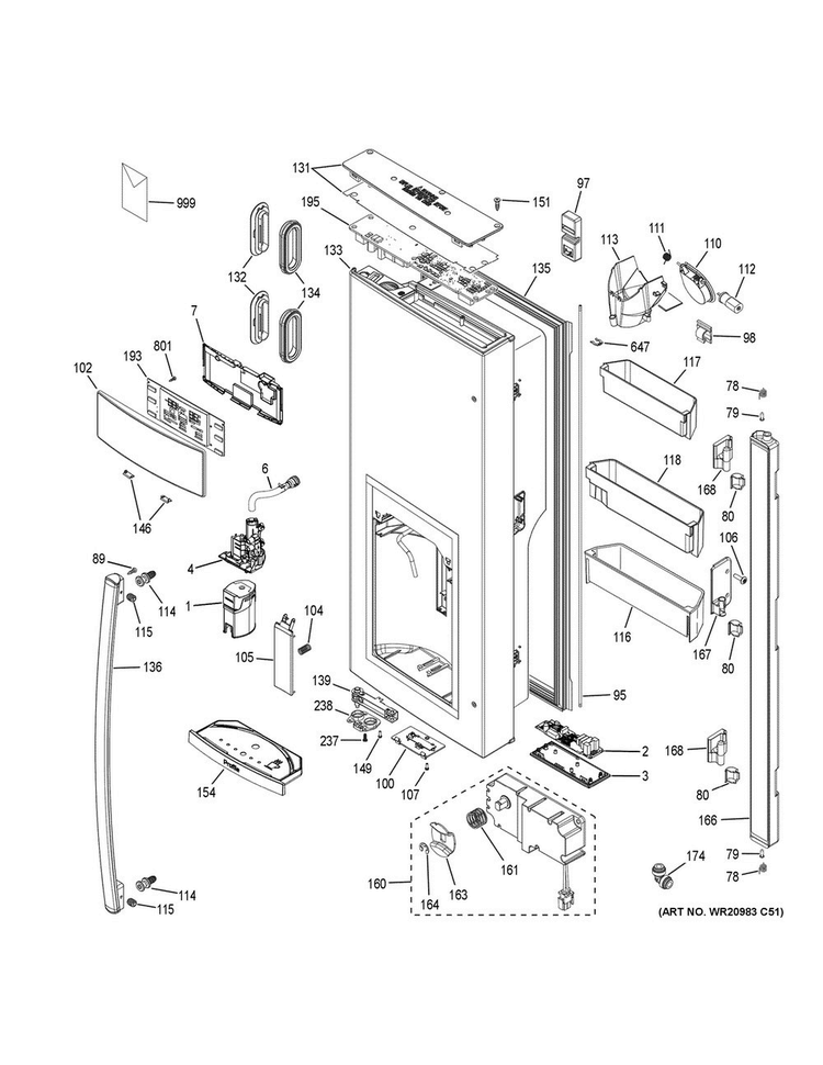 Dispenser Door Diagram and Parts List for PFE28PSKGSS  General Electric Refrigerator