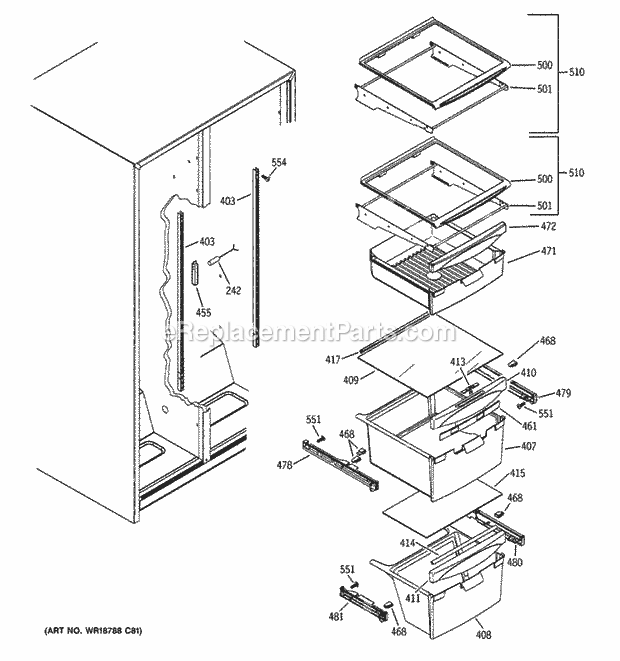Fresh Food Shelves Diagram and Parts List for GSL25JFXPLB  General Electric Refrigerator
