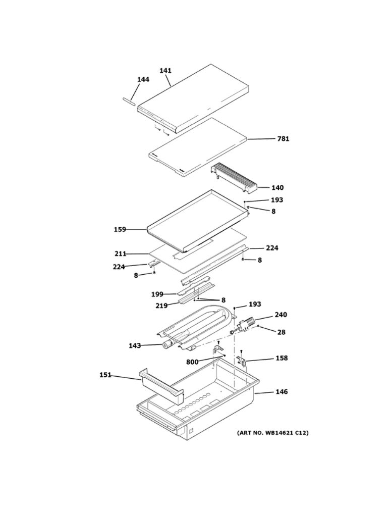 Griddle Assembly Diagram and Parts List for ZGU364NDP8SS  General Electric Cooktop
