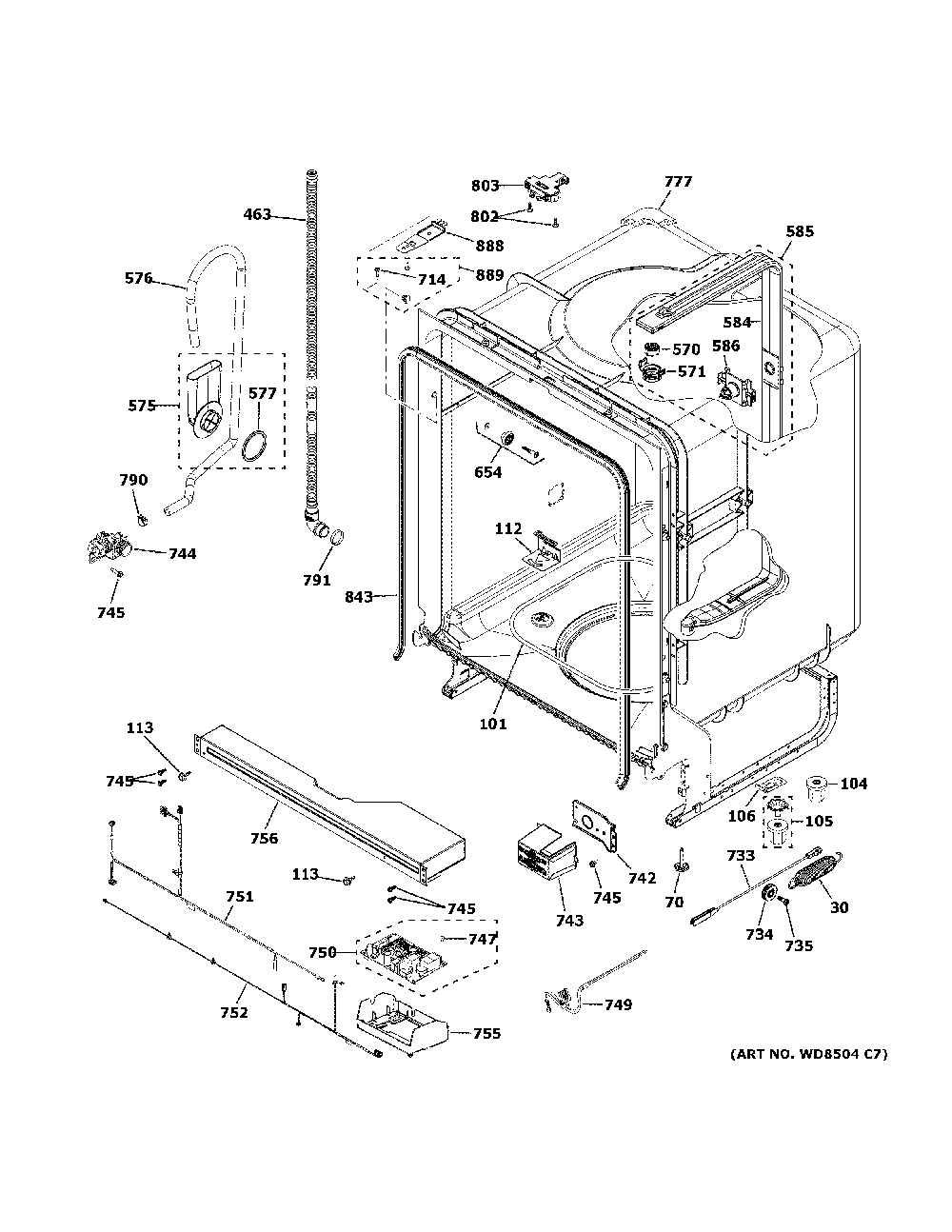 Body parts Diagram and Parts List for GDT530PMP5ES  General Electric Dishwasher