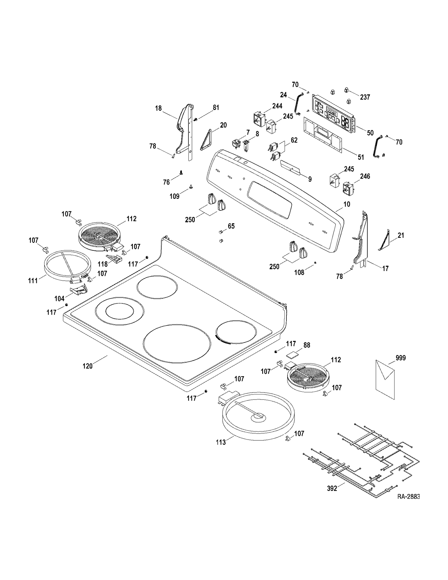CONTROLS & COOKTOP Diagram and Parts List for JCBP68DP1WW  General Electric Range