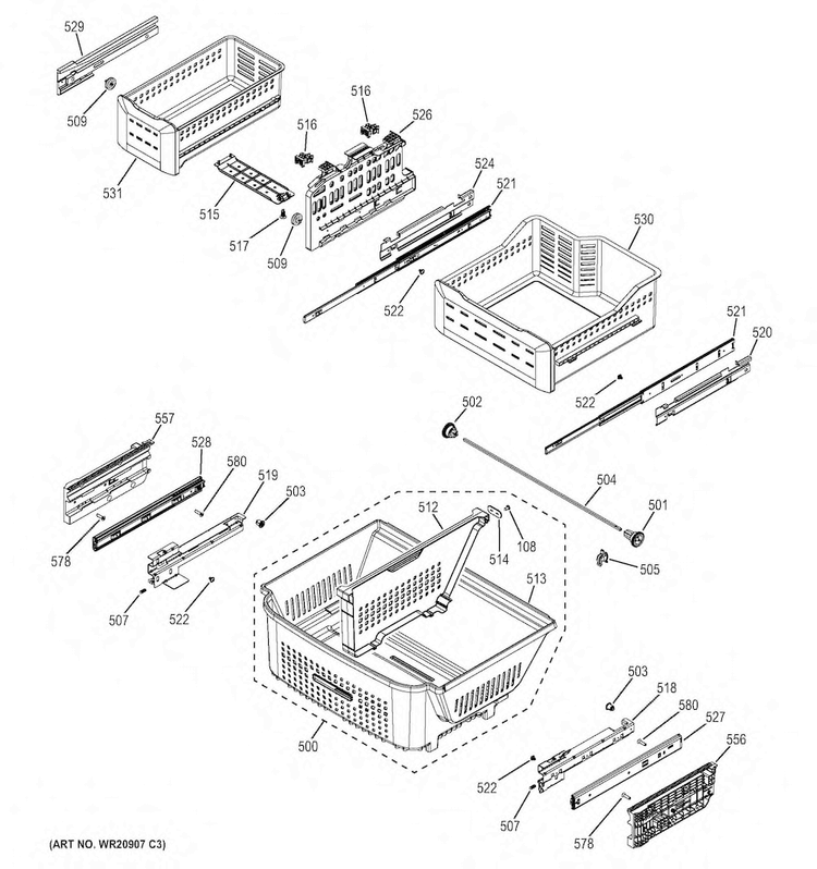 Freezer Shelves Diagram and Parts List for PYE23PSDDSS  General Electric Refrigerator