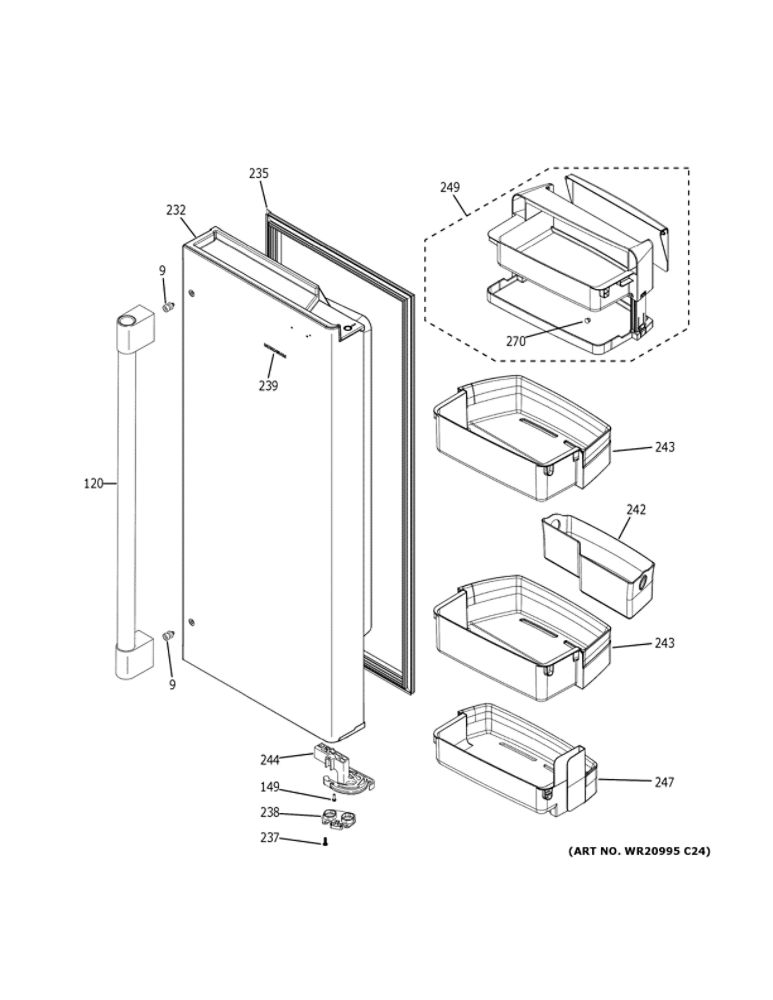 Fresh Food Door - Rh Diagram and Parts List for ZWE23PSNCSS  General Electric Refrigerator