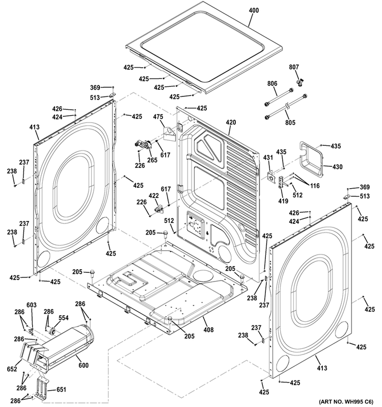 Cabinet & Top Panel Diagram and Parts List for GFDR275EH1MC  General Electric Dryer