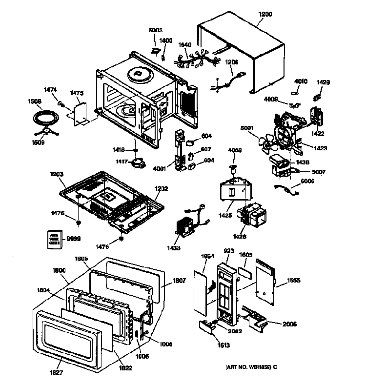 Chassis Diagram and Parts List for JE1840GB001  General Electric Microwave