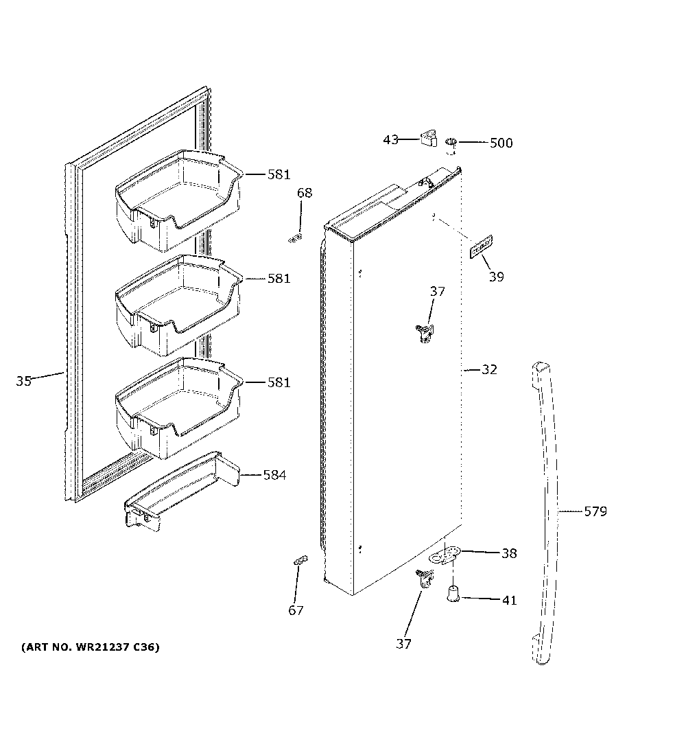 Fresh food door - rh Diagram and Parts List for XNE25JSKNFSS  General Electric Refrigerator