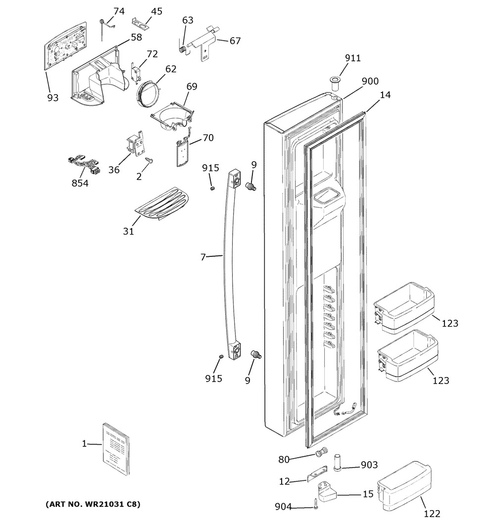 Freezer Door Diagram and Parts List for GSE23GYPFCFS  General Electric Refrigerator
