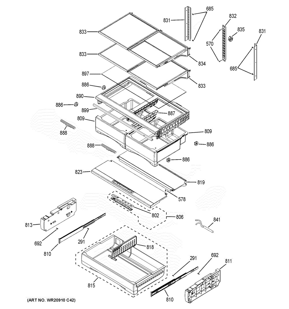 Fresh Food Shelves Diagram and Parts List for PYD22KSLDSS  General Electric Refrigerator