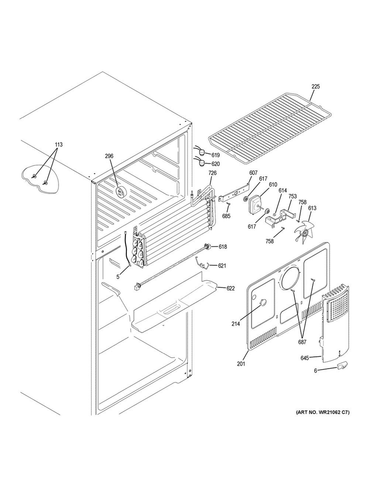 Freezer Section Diagram and Parts List for GTE18LMHBRES  General Electric Refrigerator