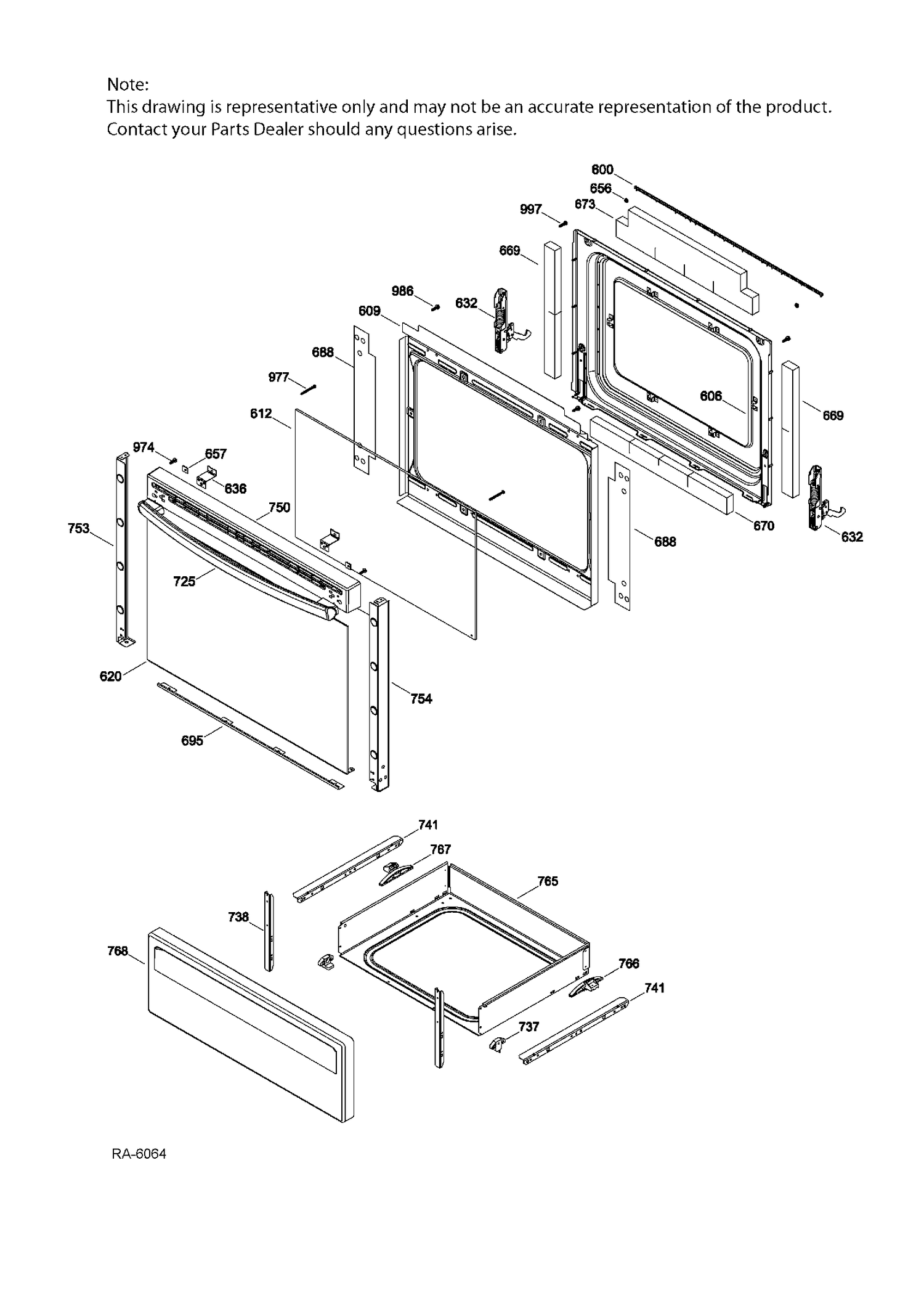 DOOR & DRAWER PARTS Diagram and Parts List for JCBS630DJ1WW  General Electric Range
