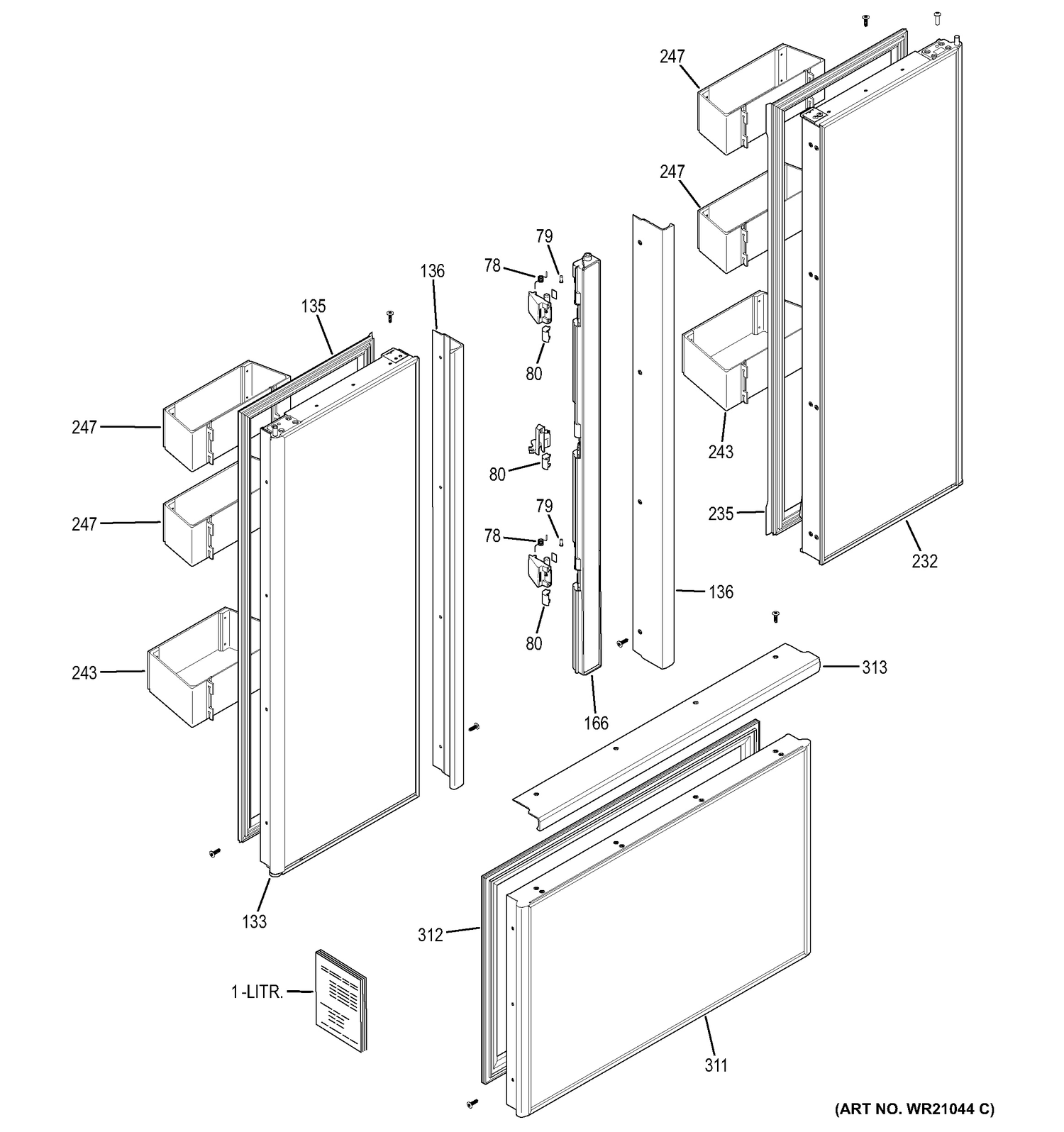 DOORS Diagram and Parts List for ZIP360NZA  General Electric Refrigerator
