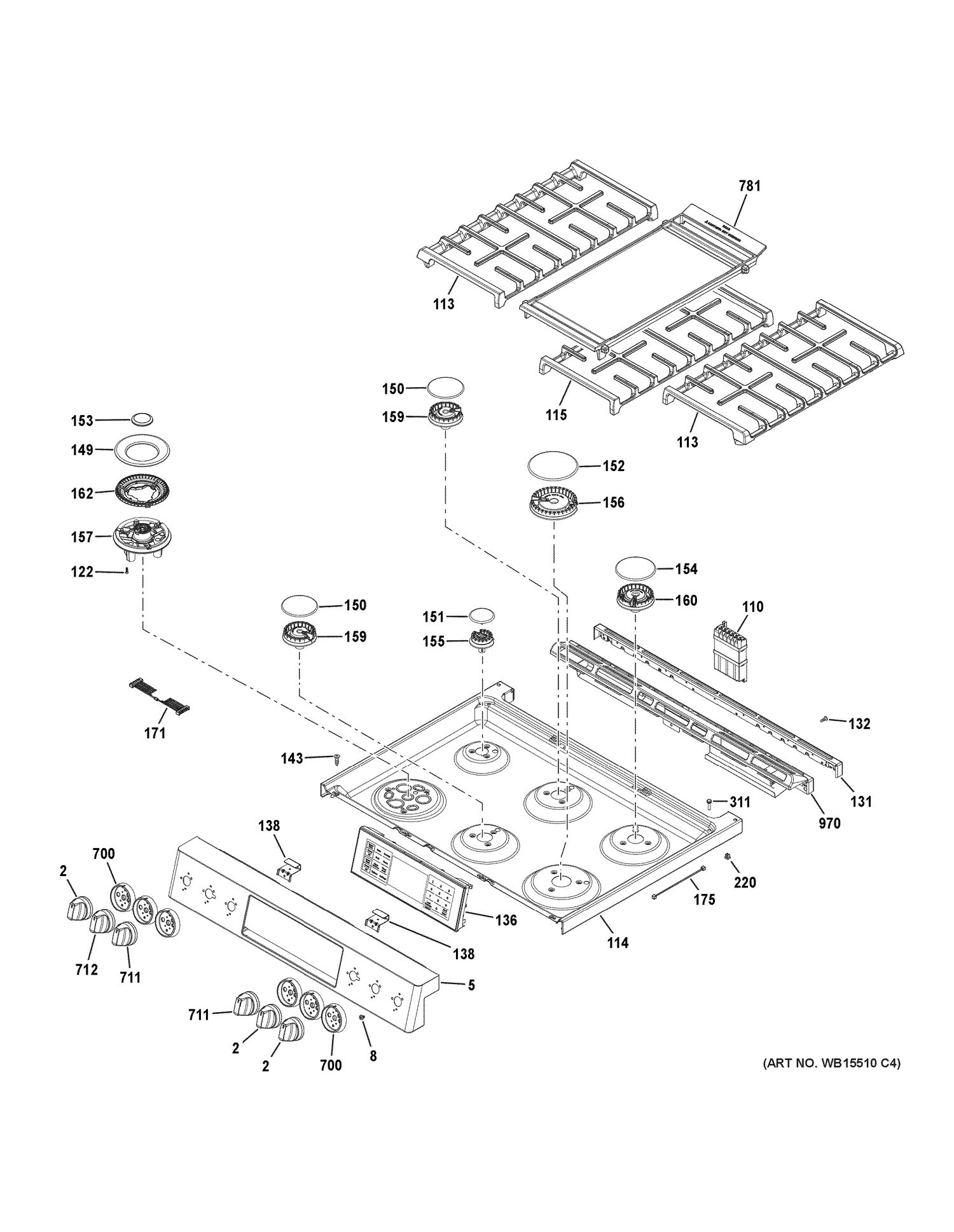 CONTROL PANEL & COOKTOP Diagram and Parts List for C2S995SEL1SS  General Electric Range