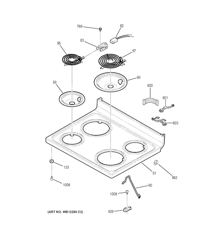 Cooktop Diagram and Parts List for JB250DF2WW  General Electric Range