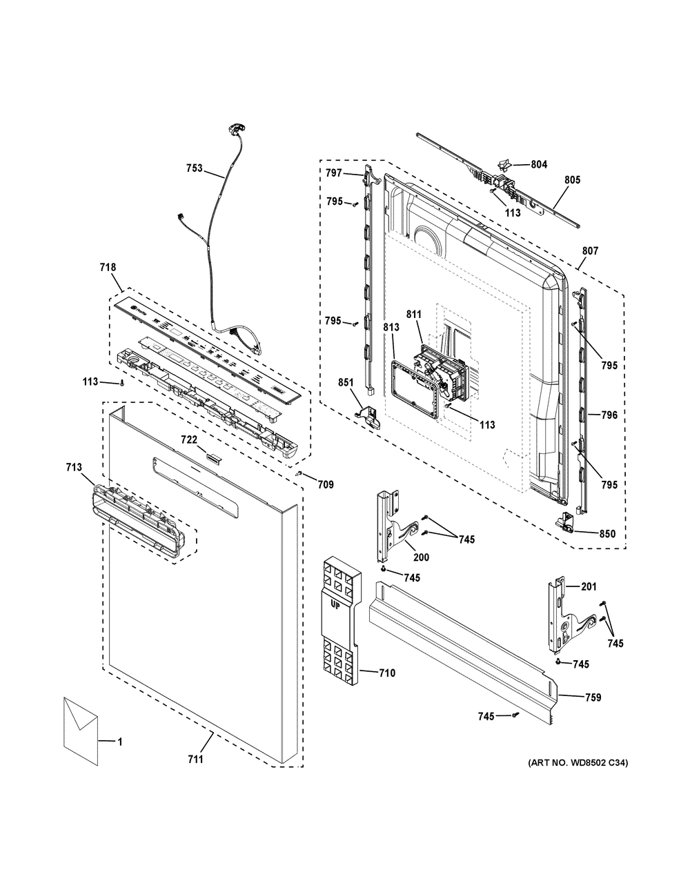 Escutcheon And Door Assembly Diagram and Parts List for PDP715SYV1FS  General Electric Dishwasher
