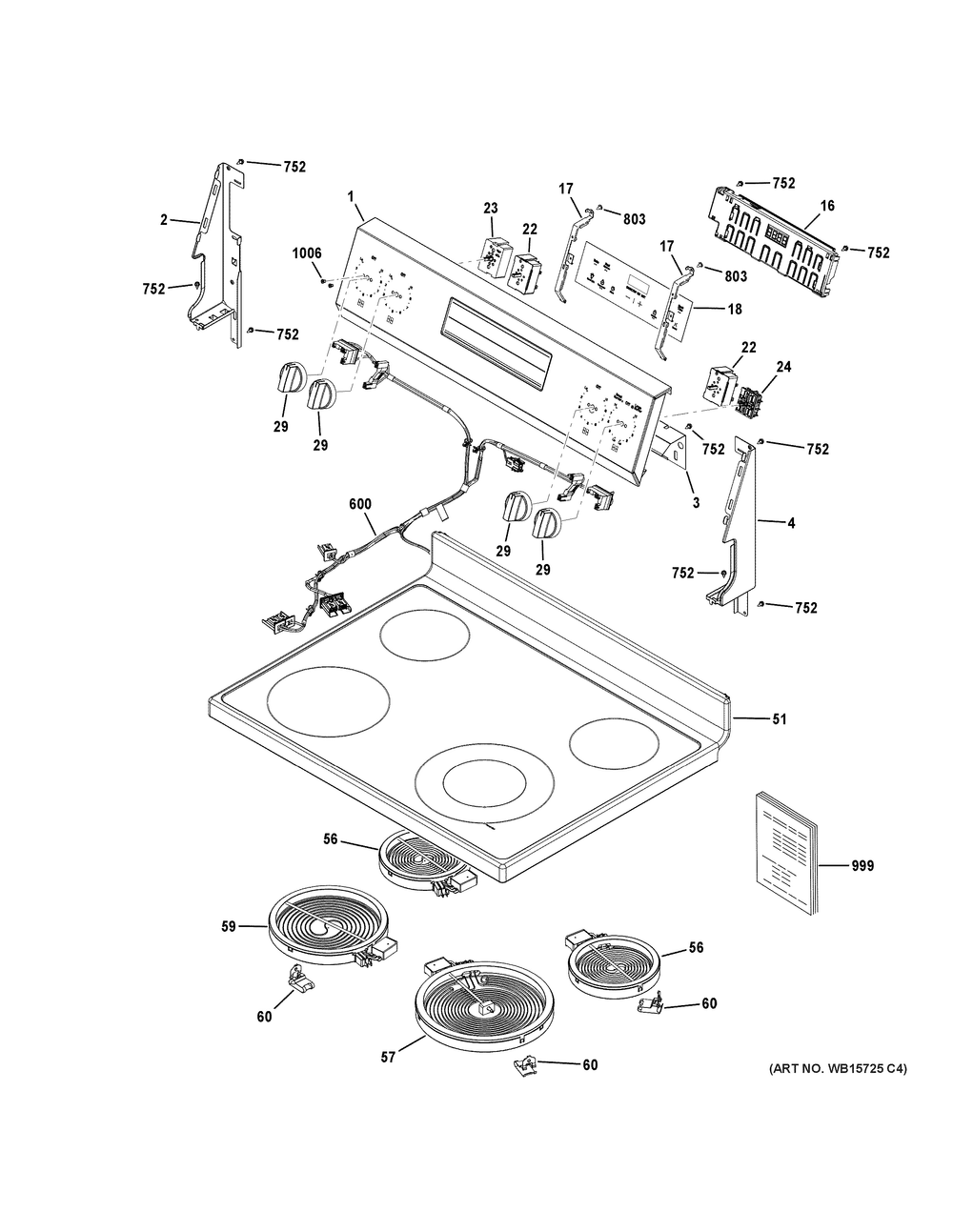 Control Panel And Cooktop Diagram and Parts List for GRF40HSV1SS  General Electric Range