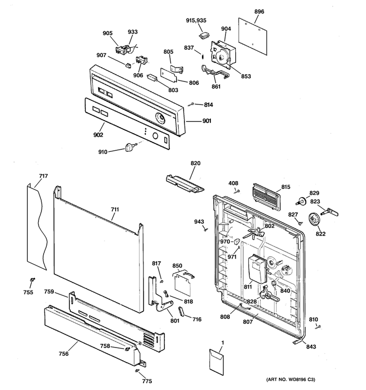 Escutcheon & Door Assembly Diagram and Parts List for GSD2201G20WW  General Electric Dishwasher