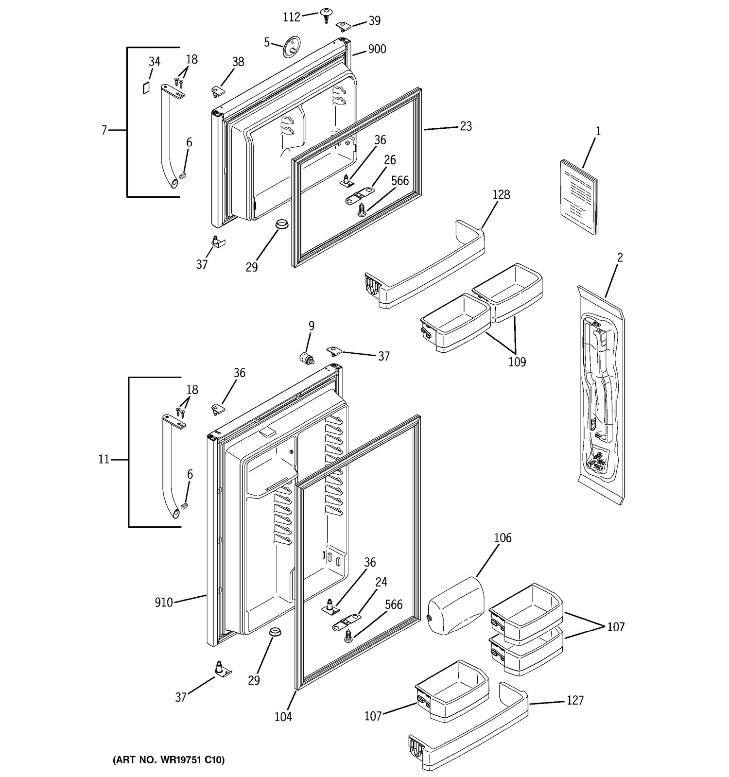 DOORS Diagram and Parts List for 38489KBSJRSS  General Electric Refrigerator