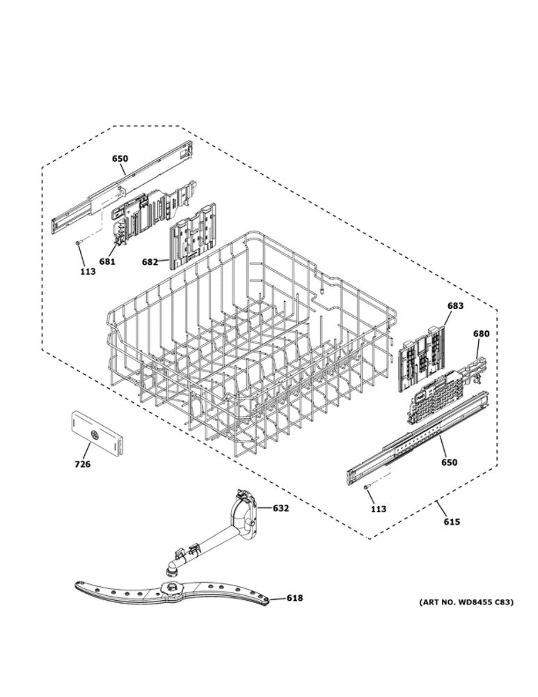 Upper Rack Assembly 1 Diagram and Parts List for DDT700SGN2BB  General Electric Dishwasher