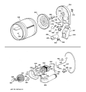 DRUM, DUCT, BLOWER & DRIVE ASSEMBLY Diagram and Parts List for DCCB330GT0WC  General Electric Dryer