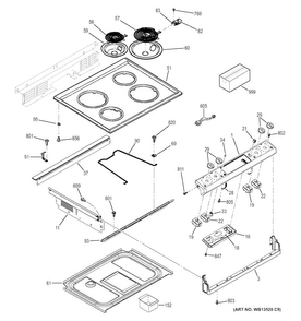 Control Panel & Cooktop Diagram and Parts List for JS250RF1SS  General Electric Range