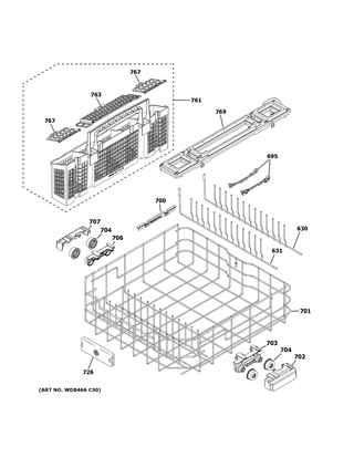 Lower Rack Assembly Diagram and Parts List for DDT700SBN0TS  General Electric Dishwasher