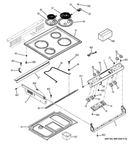 Control Panel & Cooktop Diagram and Parts List for JS250DF1CC  General Electric Range