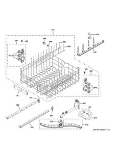 Upper Rack Assembly Diagram and Parts List for CDT828P2V3S1  General Electric Dishwasher