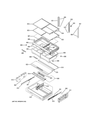 Fresh Food Shelves Diagram and Parts List for GFE28HMKJES  General Electric Refrigerator