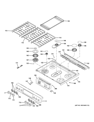 Control Panel & Cooktop Diagram and Parts List for PGS960SEL2SS  General Electric Range