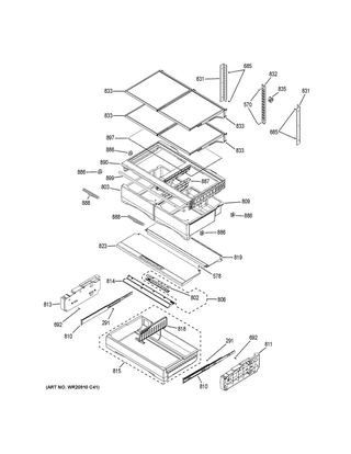 Fresh Food Shelves Diagram and Parts List for GFE28HMKGES  General Electric Refrigerator