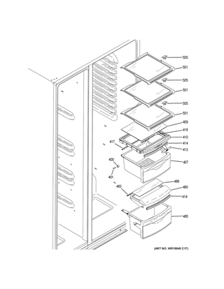 Fresh Food Shelves Diagram and Parts List for GSS25CGHKCWW  General Electric Refrigerator