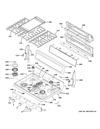 Control Panel & Cooktop Diagram and Parts List for PGB930SEJ6SS  General Electric Range