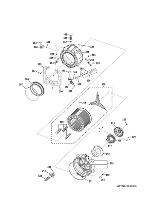 Tub & Motor Diagram and Parts List for WCVH4800K3WW  General Electric Washer