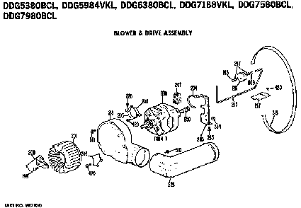 Blower And Drive Assembly Diagram and Parts List for DDG7188VKL  General Electric Dryer