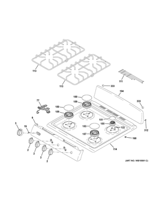 Control Panel & Cooktop Diagram and Parts List for RGAS200DM1WW  General Electric Range