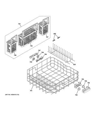 Lower Rack Assembly Diagram and Parts List for GDF570SGJ4CC  General Electric Dishwasher
