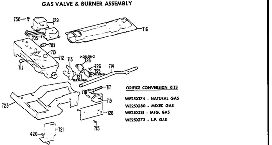Gas Valve And Burner Diagram and Parts List for DDC4498AEL  General Electric Dryer