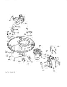 Sump/motor Mechanism Diagram and Parts List for PDT760SSF0SS  General Electric Dishwasher