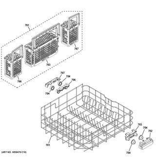 Lower Rack Assembly Diagram and Parts List for GDF570SGJ5CC  General Electric Dishwasher