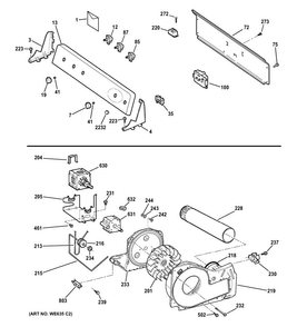 Backsplash, Blower & Drive Assembly Diagram and Parts List for GTDL210GD3WW  General Electric Dryer