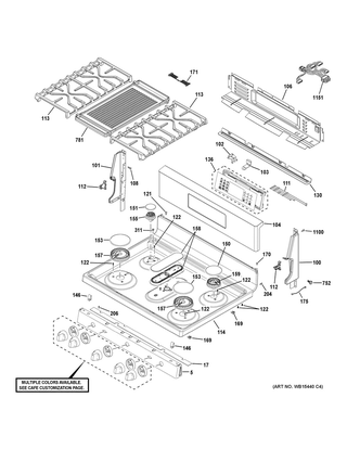 Control Panel & Cooktop Diagram and Parts List for CGB550P3M1D1  General Electric Range