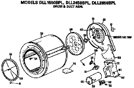 Drum And Duct Assembly Diagram and Parts List for DLL1550BPL  Hotpoint Dryer
