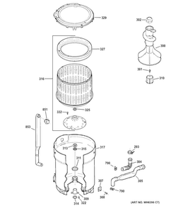 Tub, Basket & Agitator Diagram and Parts List for GTWP1800D2WW  General Electric Washer