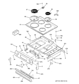 Control Panel & Cooktop Diagram and Parts List for JM250DF1BB  General Electric Range